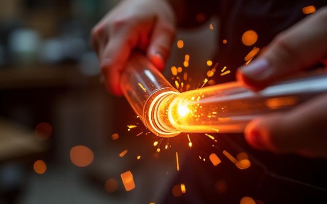 Close-up of a skilled artisan delicately bending glass tubing over a ribbon burner, sparks flying, creating a custom neon sign element.
