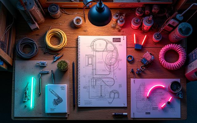 A cluttered yet organized workbench in the studio, featuring a variety of neon and LED components, tools, completed segments, and design sketches.