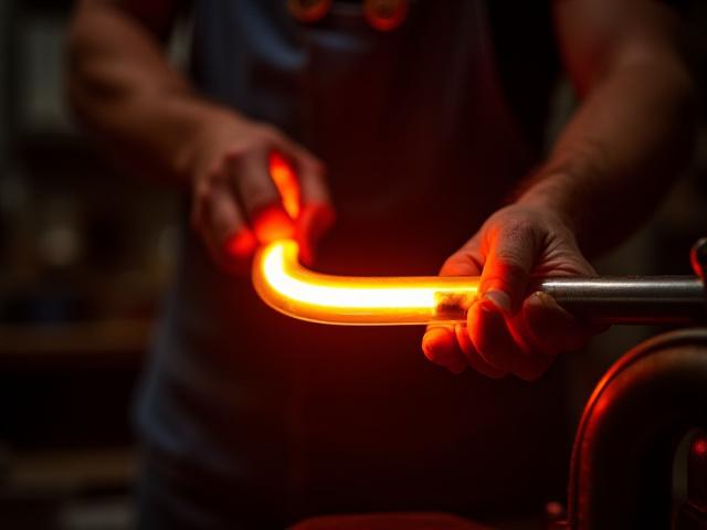 Glass artisan carefully bending a neon tube over a flame, creating a custom shape in the Key West studio.