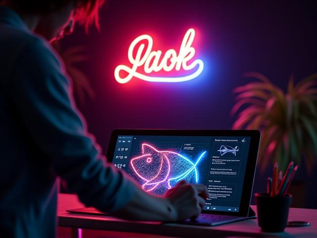 Designer hand sketching a custom neon sign concept on a tablet, with a colorful digital mockup in the background.