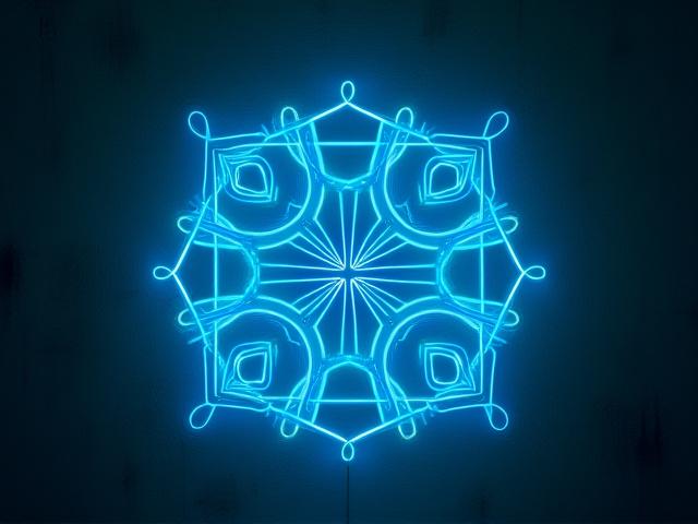 Abstract geometric LED neon art installation with interlocking blue and green lines against a textured dark background.