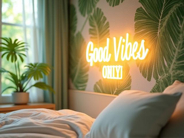 Warm white LED neon sign displaying 'Good Vibes Only' against a lush, tropical-themed wall in a bedroom.
