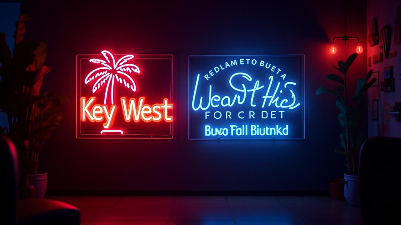 Custom neon sign display inside a vibrant bar, Key West style.