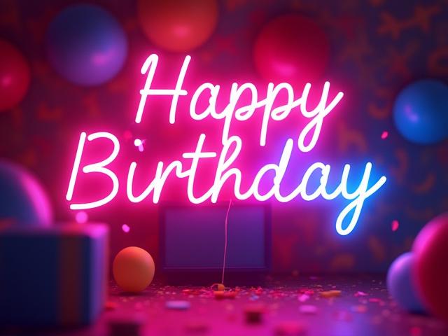 'Happy Birthday' neon sign in multicolor, vibrant at a birthday party backdrop.