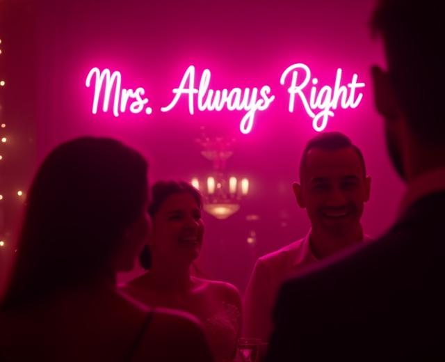 Humorous 'Mrs Always Right' neon sign in a vibrant pink, at an engagement party.