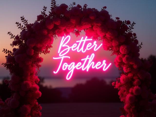 'Better Together' neon sign in a vibrant pink against a floral wedding arch.