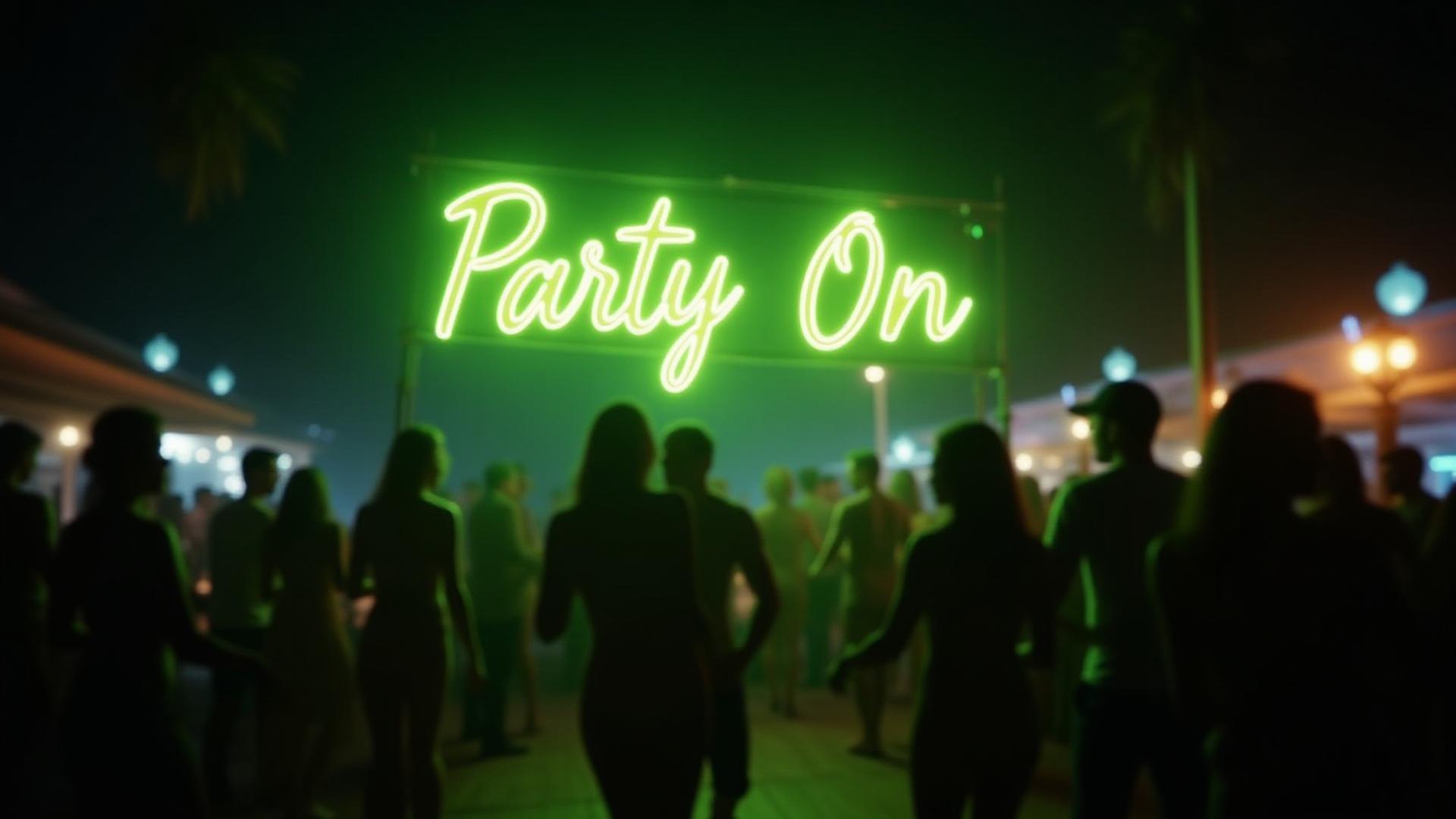 Energetic 'Party On' neon sign illuminating a vibrant dance floor with guests in Key West.