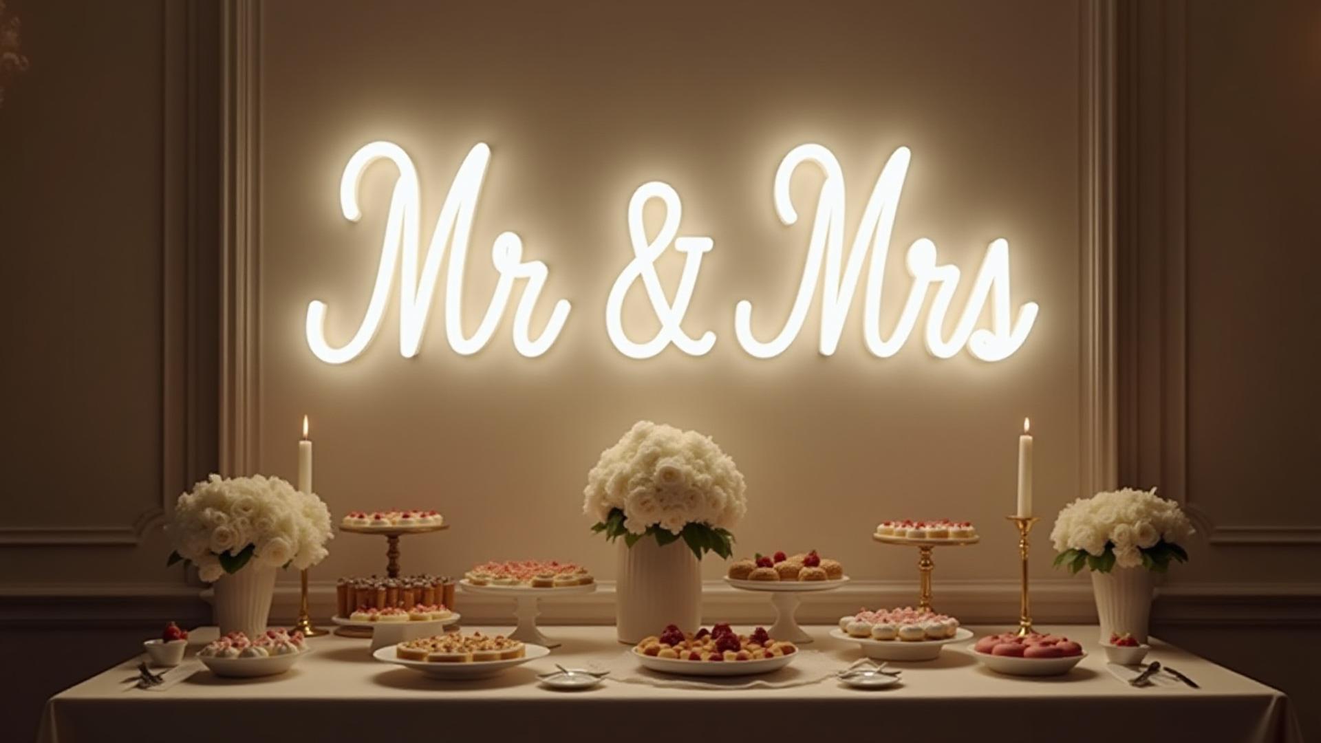 Elegant 'Mr & Mrs' neon sign as a backdrop for a chic wedding dessert table, surrounded by flowers.