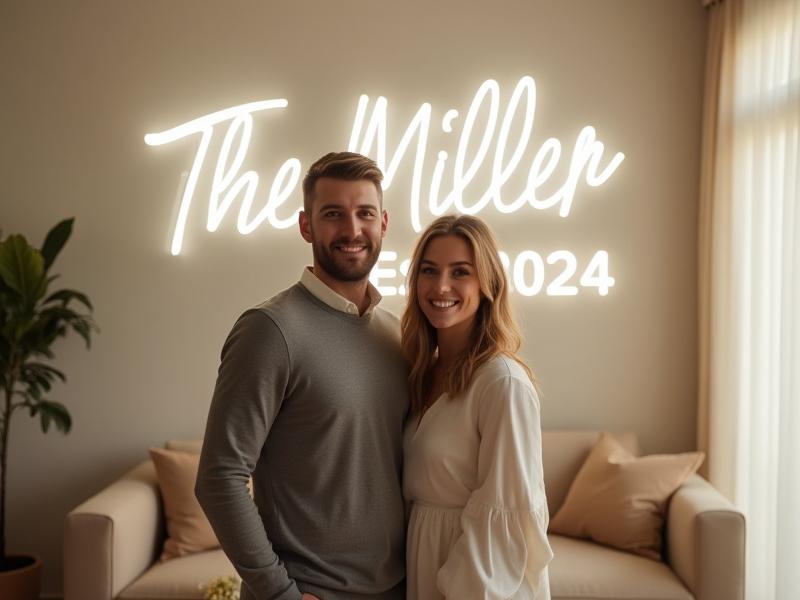 A happily married couple posing in their sunlit living room with their custom wedding neon sign ('The [Last Name] Est. [Year]') proudly displayed on the wall.