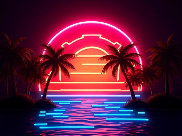 Artisan hand-bent neon sign depicting a vibrant Key West sunset scene, with palm trees and water in reds, oranges, and blues.