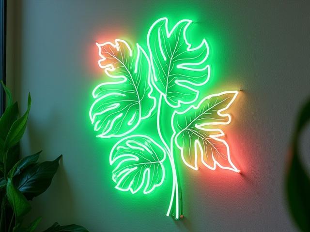 Delicate hand bent neon art depicting a tropical leaf or floral pattern, glowing subtly