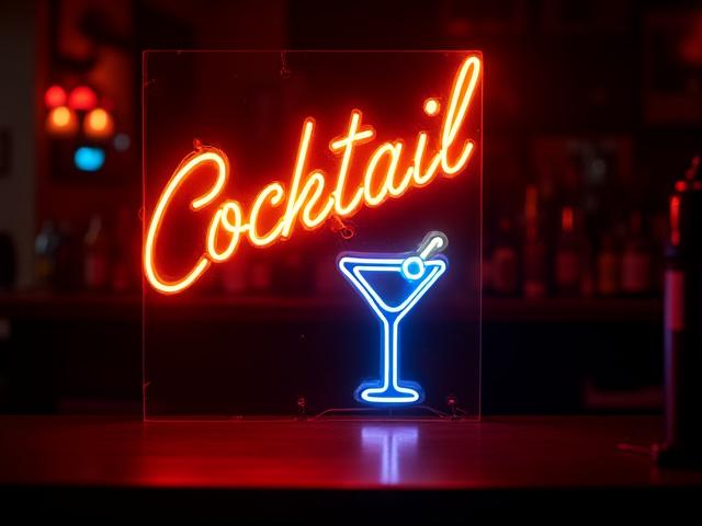 Retro-style hand bent neon sign for a bar, featuring classic typography and a cocktail glass motif