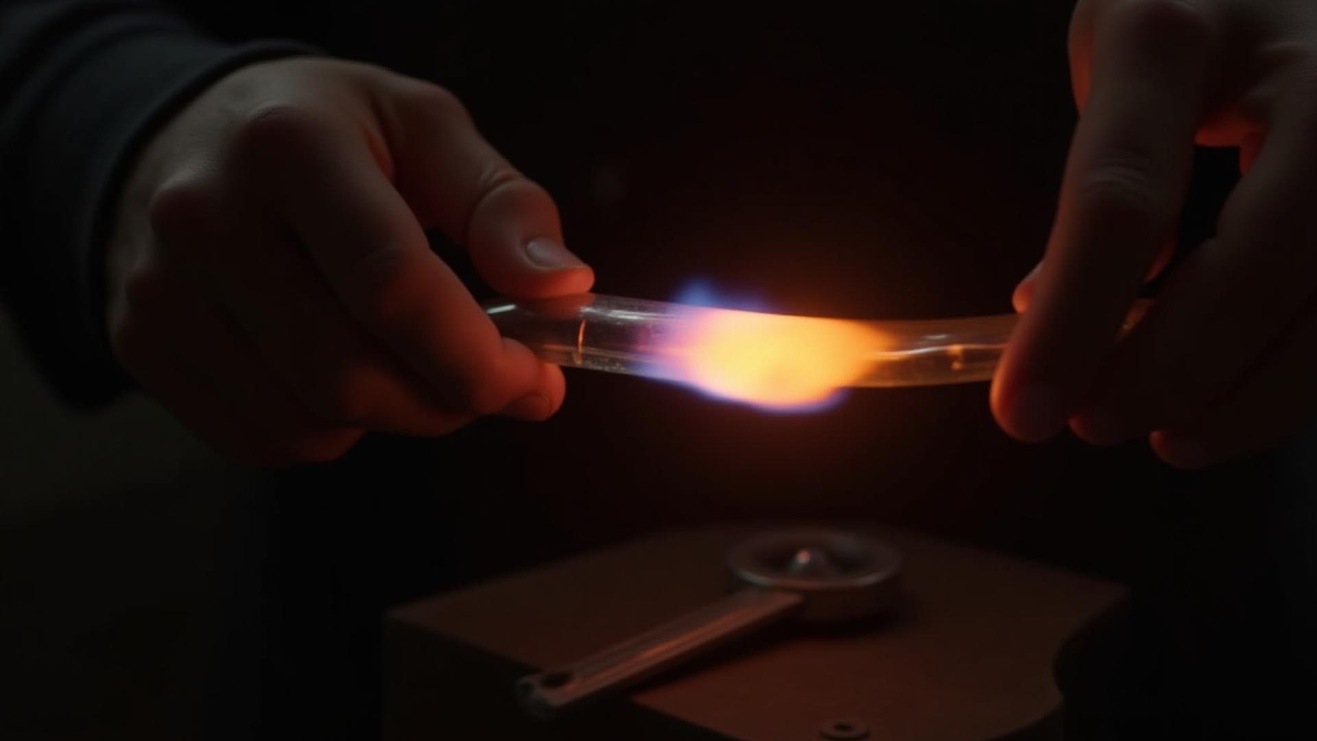 Still image of an artisan carefully bending glass tube with flame, producing a warm glow