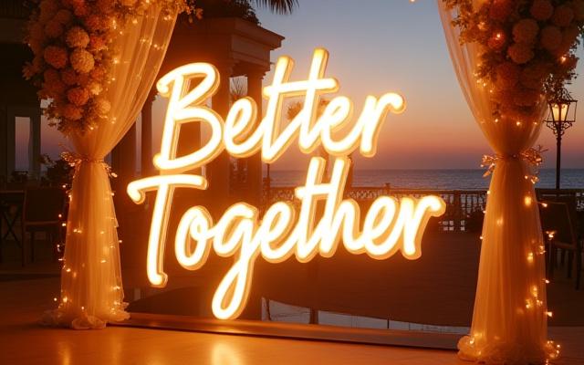 Romantic 'Better Together' warm white neon sign at a Casa Marina Key West wedding reception, glowing in the evening