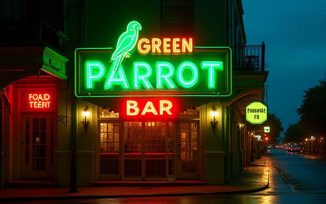 Exterior view of The Green Parrot Bar in Key West with its iconic retro neon sign glowing