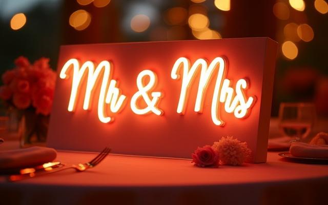 Personalized neon sign 'Mr & Mrs' glowing at a wedding reception