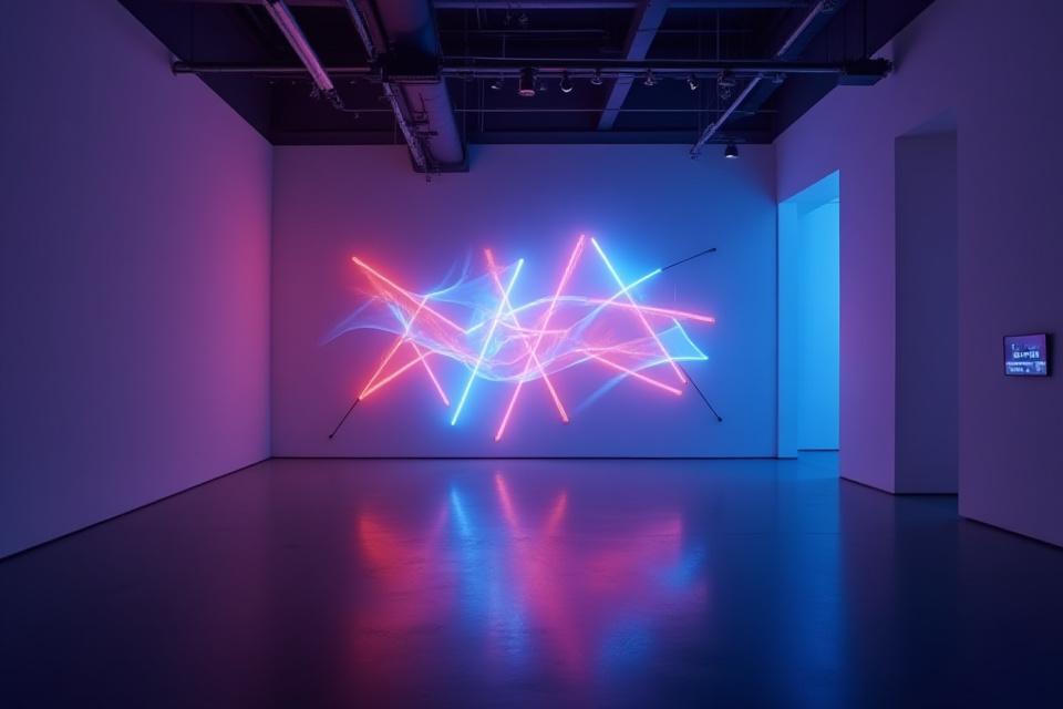 Interactive, color-changing neon art installation in a modern art gallery