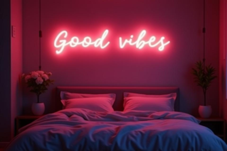 Cozy bedroom with a warm glow neon sign 'Sweet Dreams' mounted on the wall