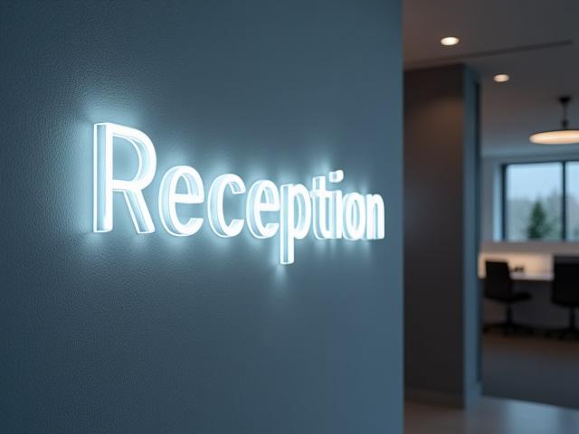 Sharp corporate logo in blue LED neon, mounted on a pristine white reception area wall.
