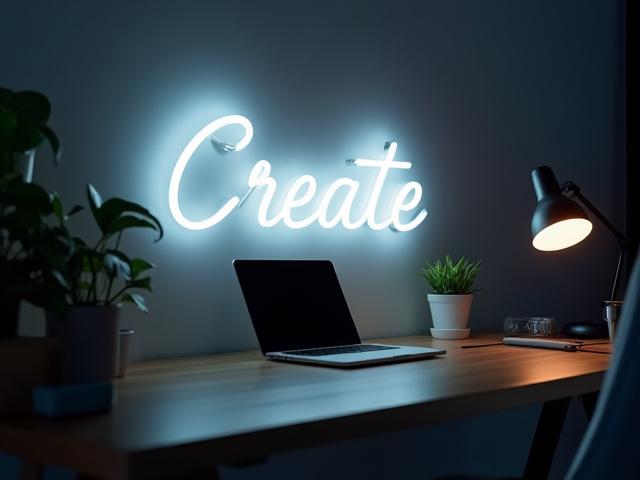 Minimalist 'Create' LED neon sign providing inspiration in a modern home office.