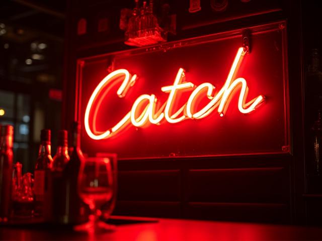 Elegant cursive LED neon sign above a bar in a stylish restaurant.