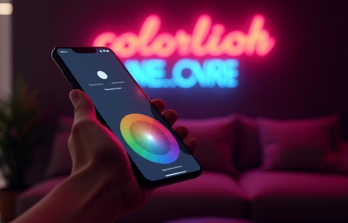 Hand holding a smartphone displaying a color-changing app, with a vibrant LED neon sign glowing in the background.